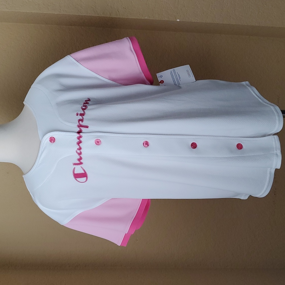 🆕️ CHAMPION Bright White and Pink Athletic Button Down Top GIRLS SIZE: XL (16)